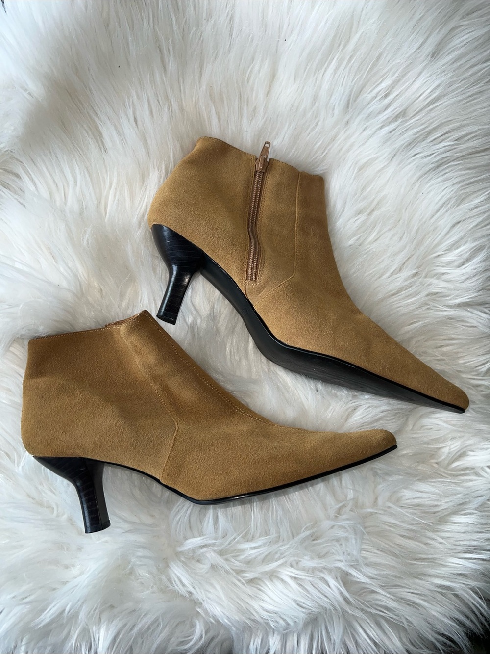 PAZZO Camel Suede Pointed Ankle Booties with Kitten Heel